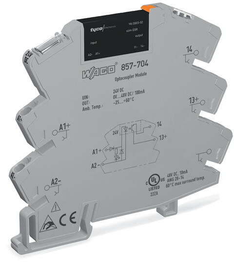 Solid-state relay module; Nominal input voltage: 24 VDC; Output voltage range: 0 … 48 VDC; Limiting continuous current: 0.1 A; Yellow status indicator; Module width: 6 mm; gray