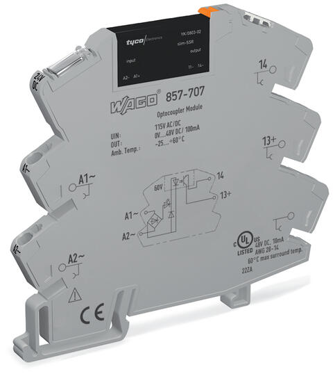 Solid-state relay module; Nominal input voltage: 115 V AC/DC; Output voltage range: 0 … 48 VDC; Limiting continuous current: 0.1 A; 2-wire connection; Yellow status indicator; Module width: 6 mm; gray
