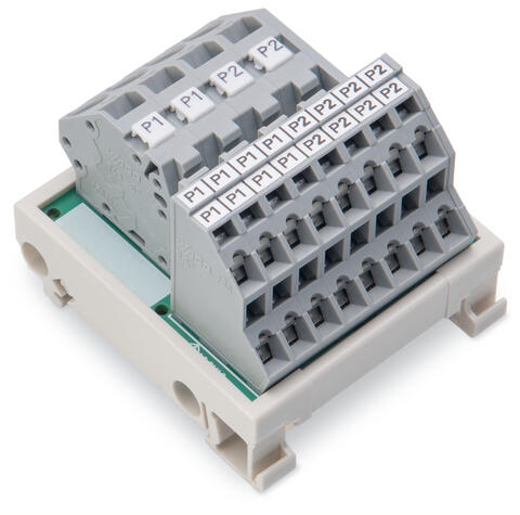Potential distribution module; 2 potentials; with 2 input clamping points each; Conductor cross-section up to 6 mm²; with 8 output clamping points each; Conductor cross-section up to 2.5 mm²; gray
