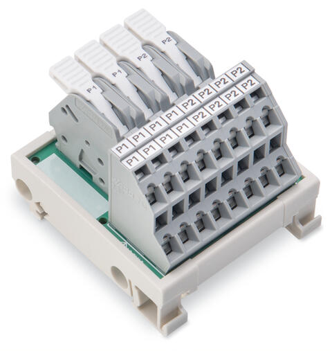 Potential distribution module; 2 potentials; with 2 input clamping points each; Conductor cross-section up to 6 mm²; with lever; with 8 output clamping points each; Conductor cross-section up to 2.5 mm²; gray