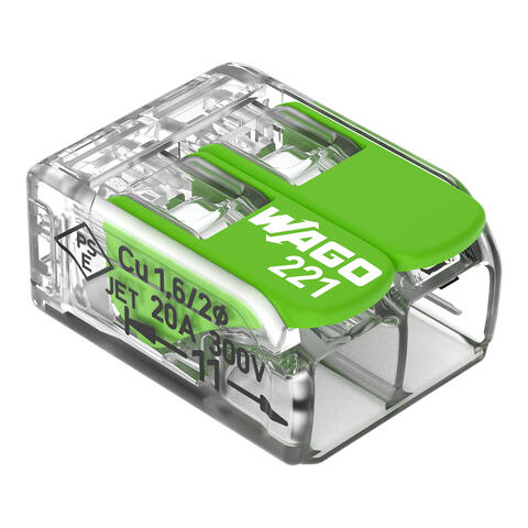 Splicing connector with levers; for all conductor types; max. 4 mm²; 2-conductor; transparent housing; Surrounding air temperature: max 85°C (T85); 4,00 mm²; transparent