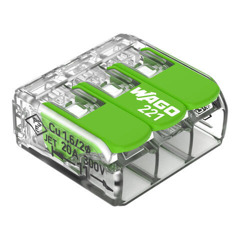 Splicing connector with levers; for all conductor types; max. 4 mm²; 3-conductor; transparent housing; Surrounding air temperature: max 85°C (T85); 4,00 mm²; transparent