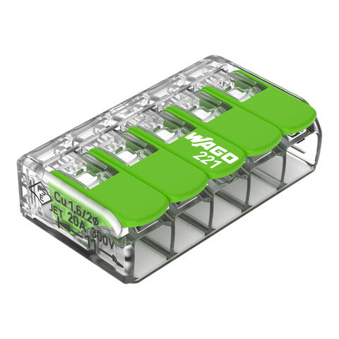 Splicing connector with levers; for all conductor types; max. 4 mm²; 5-conductor; transparent housing; Surrounding air temperature: max 85°C (T85); 4,00 mm²; transparent