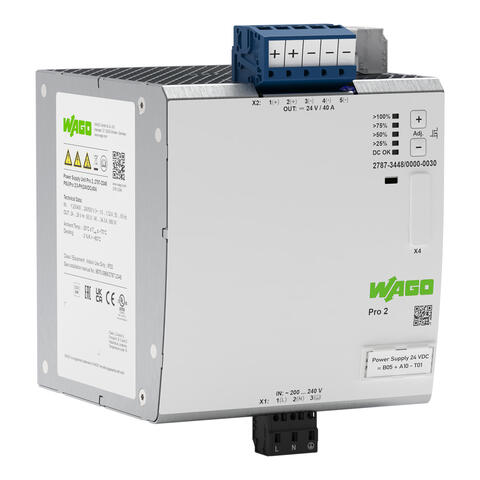 Power supply; Pro 2; 1-phase; 24 VDC output voltage; 40 A output current; TopBoost + PowerBoost; communication capability; Redundancy; Input voltage range: 200 … 240 VAC