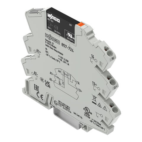 Solid-state relay module; Nominal input voltage: 24 VDC; Output voltage range: 0 … 24 VDC; Limiting continuous current: 3 A; 2-wire connection; Yellow status indicator; Module width: 6 mm; gray
