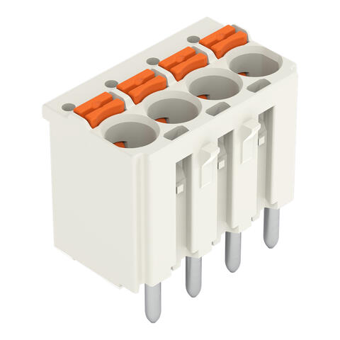 Connect. femelle THT p. 1 cond. ; droit; Bouton-poussoir; Push-in CAGE CLAMP®; 2,5 mm²; Pas 5 mm; 4 pôles; Broche à souder Ø 1,4 mm; 2,50 mm²; gris clair