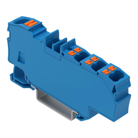 Distribution terminal block; with push-button; 1 x 6 mm² / 6 x 1.5 mm²; with integrated end plate; for Ex e II and Ex i applications; side and center marking; for DIN-rail 35 x 15 and 35 x 7.5; Push-in CAGE CLAMP®; 6,00 mm²; blue