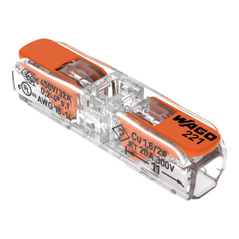 Inline splicing connector with levers; for all conductor types; max. 4 mm²; 2-conductor; transparent housing; Transparent cover; Surrounding air temperature: max 85°C (T85); 4,00 mm²; transparent