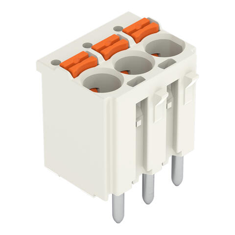 Connect. femelle THT p. 1 cond. ; droit; Bouton-poussoir; Push-in CAGE CLAMP®; 2,5 mm²; Pas 5 mm; 3 pôles; Broche à souder Ø 1,4 mm; 2,50 mm²; gris clair