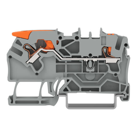2-conductor through terminal block; with lever and push-button; 2.5 mm²; with test port; side and center marking; for DIN-rail 35 x 15 and 35 x 7.5; Push-in CAGE CLAMP®; 2,50 mm²; gray