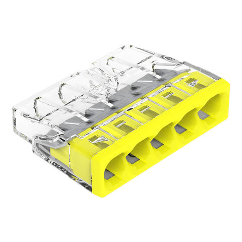 PUSH WIRE® splicing connector; for solid conductors; max. 2.5 mm²; 5-conductor; transparent housing; yellow cover; Surrounding air temperature: max 60°C (T60); 2,50 mm²; transparent