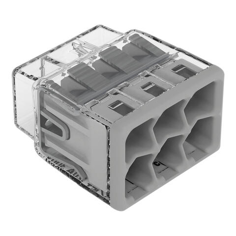 COMPACT PUSHWIRE® splicing connector; for solid and stranded conductors; max. 12 AWG; 6-conductor; transparent housing; gray cover