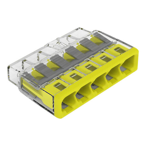 COMPACT PUSHWIRE® splicing connector; for solid and stranded conductors; max. 12 AWG; 5-conductor; transparent housing; yellow cover