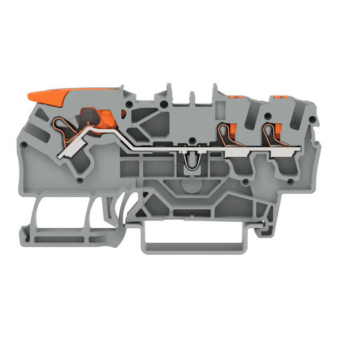 3-conductor through terminal block; with lever and push-button; 2.5 mm²; with test port; side and center marking; for DIN-rail 35 x 15 and 35 x 7.5; Push-in CAGE CLAMP®; 2,50 mm²; gray