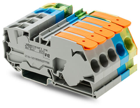 Kit pour courant triphasé; avec plaque d'extrémité orange; avec bornes sur rail pour 2 conducteurs; avec levier et ouverture de manipulation; 16 mm²; Push-in CAGE CLAMP®; 16,00 mm²; gris/bleu/ja-ve