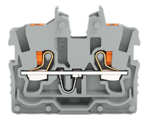 2-conductor miniature through terminal block; with push-button; 1 mm²; End terminal block with mounting flange; side and center marking; with test port; Push-in CAGE CLAMP®; 1,00 mm²; gray