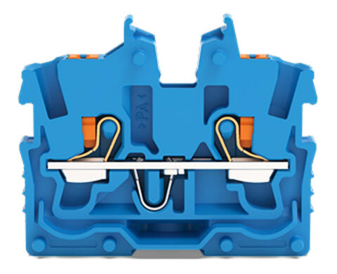 2-conductor miniature through terminal block; with push-button; 1 mm²; End terminal block with mounting flange; side and center marking; with test port; Push-in CAGE CLAMP®; 1,00 mm²; blue
