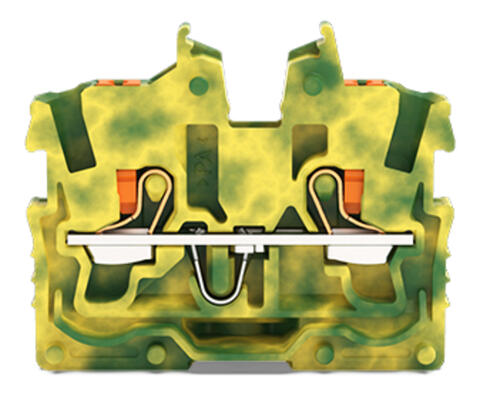 2-conductor miniature through terminal block; with push-button; 1 mm²; End terminal block with mounting flange; side and center marking; with test port; Push-in CAGE CLAMP®; 1,00 mm²; green-yellow