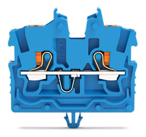 2-conductor miniature through terminal block; with push-button; 1 mm²; with snap-in mounting foot; side and center marking; with test port; Push-in CAGE CLAMP®; 1,00 mm²; blue