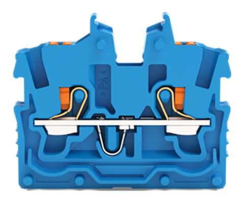 2-conductor miniature through terminal block; with push-button; 1 mm²; Center terminal block without snap-in mounting foot, without mounting flange; side and center marking; with test port; Push-in CAGE CLAMP®; 1,00 mm²; blue