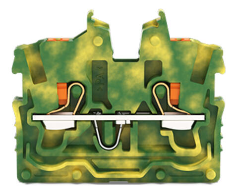 2-conductor miniature through terminal block; with push-button; 1 mm²; Center terminal block without snap-in mounting foot, without mounting flange; side and center marking; with test port; Push-in CAGE CLAMP®; 1,00 mm²; green-yellow