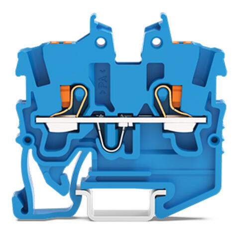 2-conductor miniature through terminal block; with push-button; 1 mm²; with test port; side and center marking; for DIN-15 rail; Push-in CAGE CLAMP®; 1,00 mm²; blue