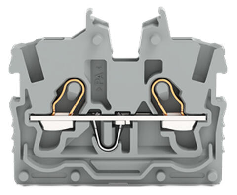 2-Leiter-Mini-Durchgangsklemme; mit Betätigungsöffnung; 1 mm²; Mittelklemme ohne Rastfuß, ohne Flansch; seitliche und mittige Beschriftung; mit Prüföffnung; Push-in CAGE CLAMP®; 1,00 mm²; grau