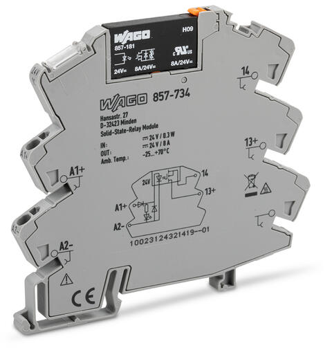 Solid-state relay module; Nominal input voltage: 24 VDC; Output voltage range: 0 … 30 VDC; Limiting continuous current: 8 A; Module width: 6 mm; gray