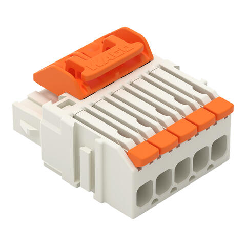 gniazdo 1-przewodowe; dźwignia; Push-in CAGE CLAMP®; 1,5 mm²; raster 3,5 mm; 5-bieg.; 100% ochrona przed błędnym połączeniem; środkowy zaczep ryglujący; 1,50 mm²; jasnoszary