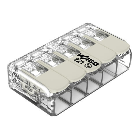 Splicing connector with levers; for all conductor types; for Ex e applications; max. 6 mm²; 5-conductor; transparent housing; Operating temperature (max.): 105 °C; 6,00 mm²; transparent