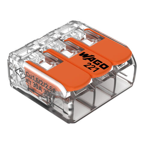 Splicing connector with levers; for all conductor types; max. 6 mm²; 3-conductor; transparent housing; Surrounding air temperature: max 85°C (T85); 6,00 mm²; transparent