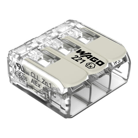 Splicing connector with levers; for all conductor types; for Ex e applications; max. 6 mm²; 3-conductor; transparent housing; Operating temperature (max.): 105 °C; 6,00 mm²; transparent
