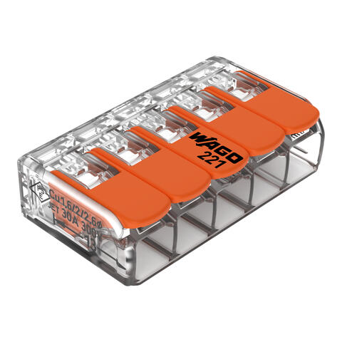 Splicing connector with levers; for all conductor types; max. 6 mm²; 5-conductor; transparent housing; Surrounding air temperature: max 85°C (T85); 6,00 mm²; transparent