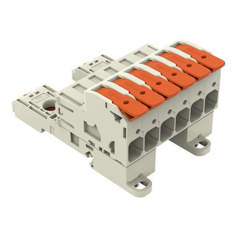 wtyk 1-przewodowy; dźwignia; Push-in CAGE CLAMP®; 16 mm²; raster 10,16 mm; 6-bieg.; 100% ochrona przed błędnym połączeniem; TS 35/montaż na płycie; zestyki posrebrzane; 16,00 mm²; jasnoszary