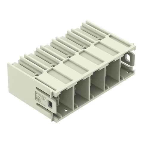 THT male header; 1.2 x 1.2 mm solder pin; angled; 100% protected against mismating; Silver-plated contacts; Pin spacing 10.16 mm; 5-pole; light gray