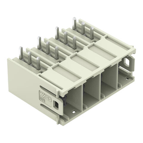THT male header; 1.2 x 1.2 mm solder pin; angled; 100% protected against mismating; Silver-plated contacts; Pin spacing 10.16 mm; 4-pole; light gray