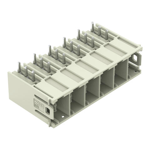 THT male header; 1.2 x 1.2 mm solder pin; angled; 100% protected against mismating; Silver-plated contacts; Pin spacing 10.16 mm; 6-pole; light gray