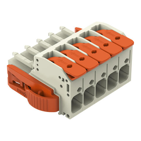 1-draads female steker; Hendel; Push-in CAGE CLAMP®; 10 mm²; Rastermaat 7,62 mm; 5-polig; 100% beveiligd tegen verkeerd insteken; Vergrendelpallen aan zijkant; 10,00 mm²; lichtgrijs