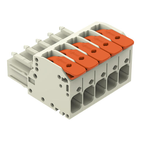 1-draads female steker; Hendel; Push-in CAGE CLAMP®; 10 mm²; Rastermaat 7,62 mm; 5-polig; 100% beveiligd tegen verkeerd insteken; gecentreerde vergrendelpal; 10,00 mm²; lichtgrijs