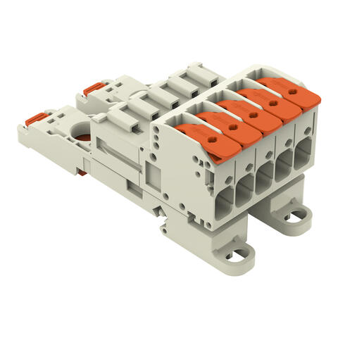 wtyk 1-przewodowy; dźwignia; Push-in CAGE CLAMP®; 10 mm²; raster 7,62 mm; 5-bieg.; 100% ochrona przed błędnym połączeniem; TS 35/montaż na płycie; 10,00 mm²; jasnoszary