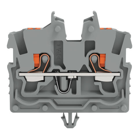 2-conductor miniature through terminal block; with push-button; 1 mm²; with snap-in mounting foot; side and center marking; with test port; Push-in CAGE CLAMP®; 1,00 mm²; gray