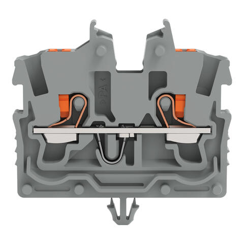 2-conductor miniature through terminal block; with push-button; 1 mm²; with snap-in mounting foot; side and center marking; with test port; Push-in CAGE CLAMP®; 1,00 mm²; gray